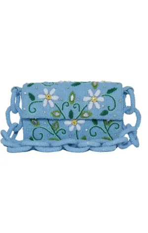 Blue Floral Beaded Chain Link Shoulder Bag